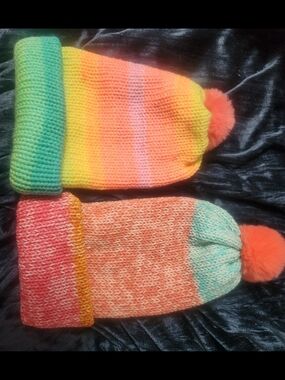 Brand New w/tags Colorful Pom Pom Beanie Hat - Neon Rainbow